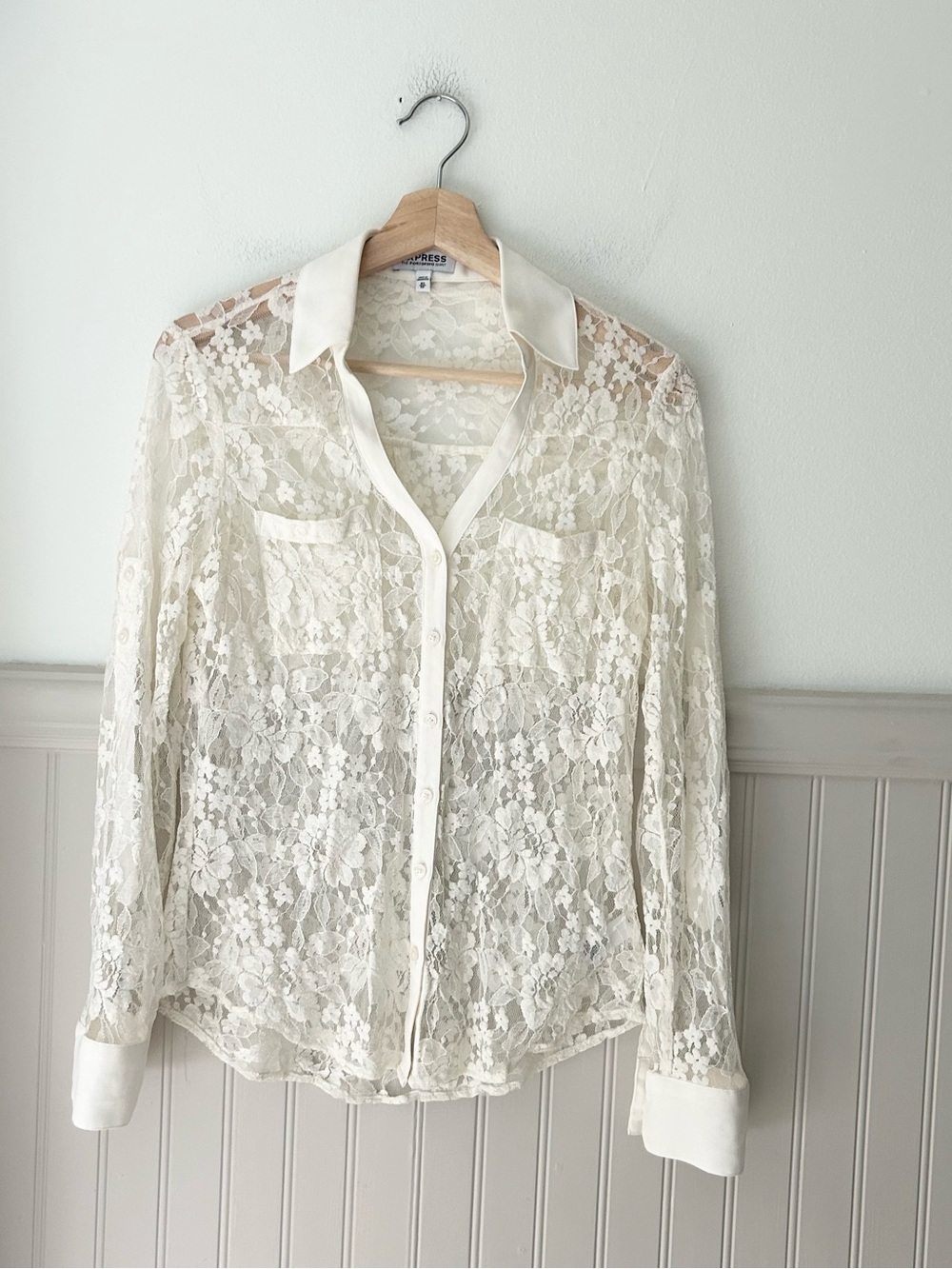 Express XS Cream Portofino Sheer Lace Button Down Shirt Long Sleeve